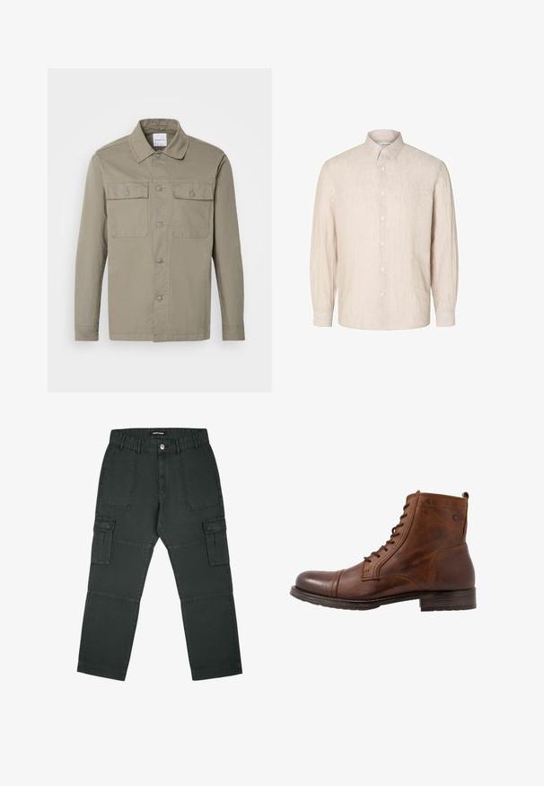 Chemise vert olive à manches longues avec col et deux poches poitrine à boutons, étalée à plat sur un fond clair.; Chemise en lin beige clair avec un col boutonné, des manches longues et une coupe droite. Présente un boutonnage sur le devant et une texture subtile.; Pantalons cargo en vert foncé, fabriqués en tissu durable. Comprend deux poches avant et deux poches latérales avec rabat et fermetures à pression.; Bottine en cuir marron avec un design à lacets, bout rond, semelle en caoutchouc et coutures tonales discrètes. Présente une petite boucle à l'arrière.