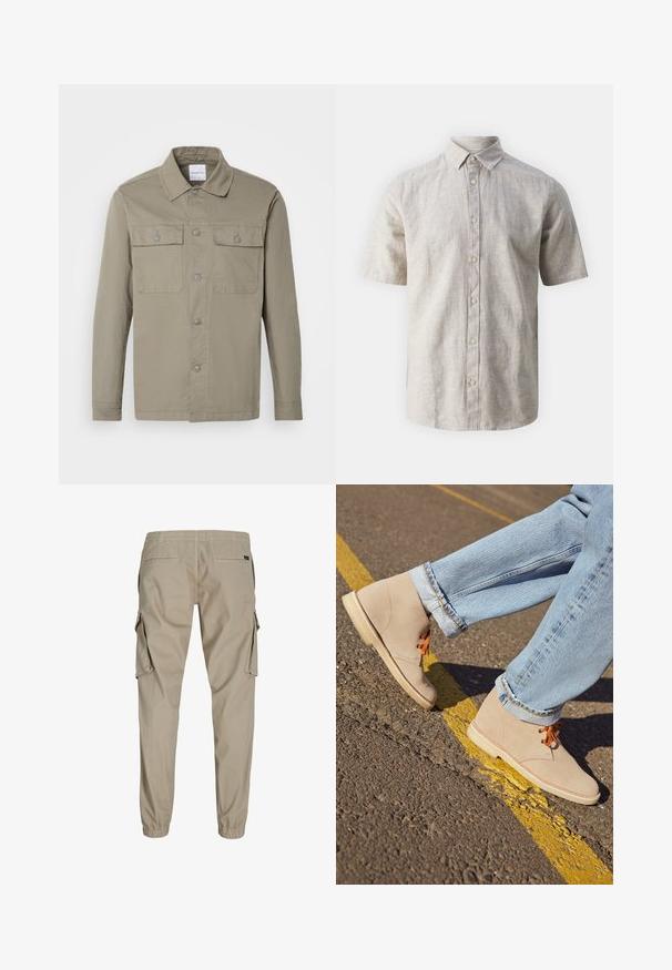 Langærmet skjorte i olivengrøn med krave og to brystlommer med knapper, lagt fladt på en lys baggrund.; Kortærmet skjorte med knapper i lys beige linned, med klassisk krave, frontlukning med knapper og en afslappet pasform, samt subtil tekstur.; Beige cargobukser med elastisk talje og ankelmanchetter, med to sidelommer med klap og to baglommer med åbning.; Beige ruskind ankelstøvler med orange snørebånd, rund tå og en let gummisål, parret med opfoldede lyseblå denimjeans.