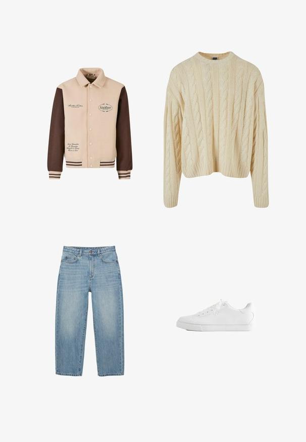 Beige og brun jakke med knapfront, krave, broderet tekst og stribede manchetter. Fremstillet af blødt stof, med dekorative lapper.; Cremefarvet strikket sweater med et kabelmønster, rund hals og ribbede manchetter og kant. Fremstillet af blødt, struktureret stof.; Lyseblå denimjeans med lige ben, forsideknapper, lynlås og fem-lommer-design på hvid baggrund.; Hvid lavtop sneakers med snørebånd, glat læderoverdel og flad gummiå sole set fra siden på en hvid baggrund.