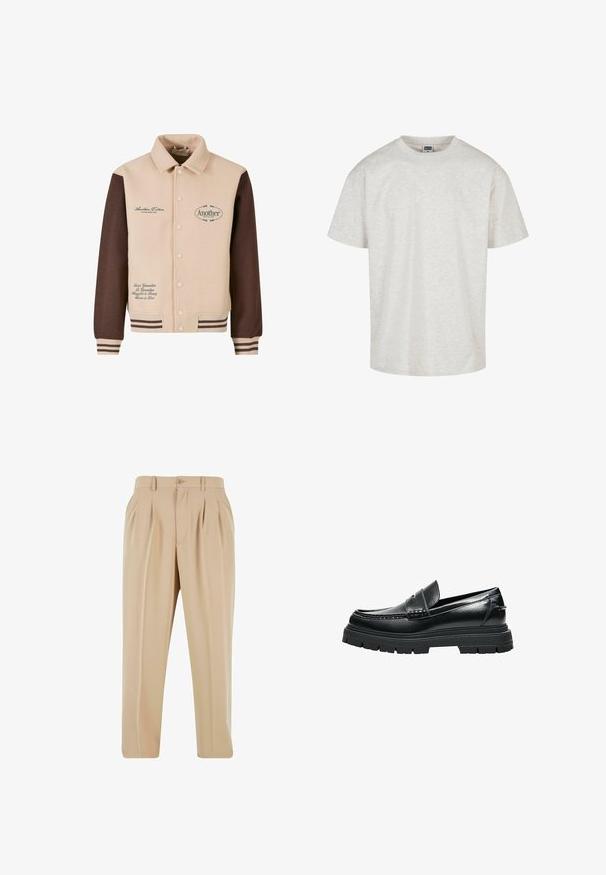 Beige og brun jakke med knapfront, krave, broderet tekst og stribede manchetter. Fremstillet af blødt stof, med dekorative lapper.; Lys grå bomulds T-shirt med kortærmer, rund halsudskæring og afslappet pasform. Tekstureret stof med et subtilt meleret mønster.; Beige plisserede bukser med lige ben-design, lavet af glat stof, med en knaplukning og løkker til bælte i taljen.; Sort læder-loafer med tyk rillede sål og penny remdetaljer, vist fra siden på hvid baggrund.
