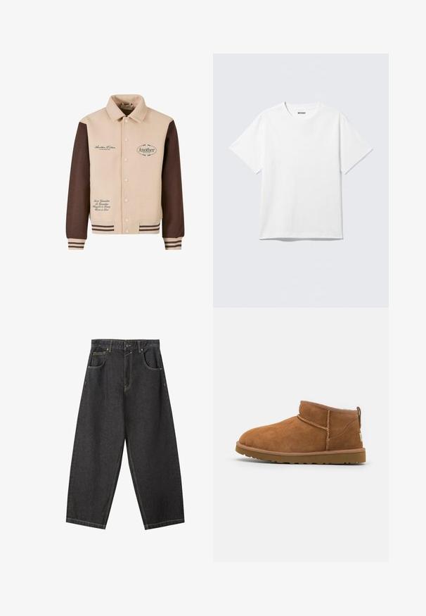 Beige og brun jakke med knapfront, krave, broderet tekst og stribede manchetter. Fremstillet af blødt stof, med dekorative lapper.; Hvid kortærmet crewneck T-shirt lagt fladt ud, ensfarvet design, med "WEEKDAY" mærkat inde i kraven på en lys baggrund.; Sorte denim brede bukser med gule sømme, fem-lomme-design og en mid-rise talje. Struktureret stof med en glat overflade.; Sandal mellemhøje støvler i tan ruskind med en rund tå, subtile syninger og en tekstureret gummisål. Kort højde uden snørebånd.