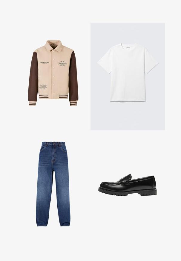 Beige en bruine jas met knopen aan de voorkant, met een kraag, geborduurde tekst en gestreepte mouwen. Gemaakt van zachte stof, met decoratieve patches.; Witte T-shirt met korte mouwen en ronde hals, plat gelegd, effen ontwerp, met een "WEEKDAY" label in de kraag op een lichte achtergrond.; Denim jeans in donkerblauw. Hoge taille met een relaxed fit. Beschikt over voorzakken en een subtiele vervaging op de benen.; Zwarte leren loafer met een dikke rubberen zool en klassieke penny-strap details, gezien vanaf de buitenkant.