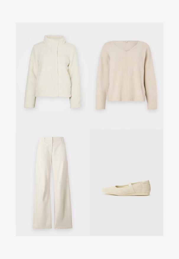 Veste en polaire couleur crème avec un col montant, un design matelassé et des manches longues. Texture douce et longueur courte. Ouverture avant sans fermeture.; Pull en tricot beige avec un col en V, des poignets et un ourlet côtelés. Présente un design de couture centrale et une coupe ample. Matière douce et texturée.; Pantalons larges en tissu coton crème. Présente une taille haute, un design structuré et des détails de couture minimalistes. Devant plat avec poches.; Ballerines beiges avec une exterior en cuir lisse, un bout en forme d'amande et une sangle élastique sur le coup de pied, avec des détails de couture subtils.