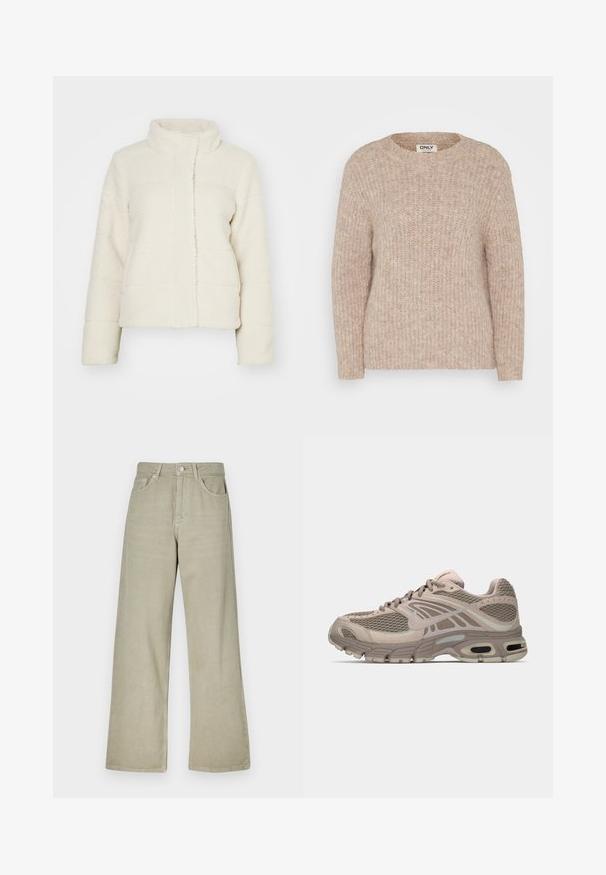 Veste en polaire couleur crème avec un col montant, un design matelassé et des manches longues. Texture douce et longueur courte. Ouverture avant sans fermeture.; Pull en tricot beige avec un col rond, texture côtelée et manches longues. Fabriqué en matériau doux, présentant une coupe décontractée avec un minimum de détails.; Jeans larges en khaki en mélange de coton. Comprend une fermeture à bouton, cinq poches et une finition en tissu propre et texturé.; Chaussure de sport beige avec tige en mesh, accents moulés, bout arrondi et amorti d'air visible dans la semelle. Lacets de couleur neutre.