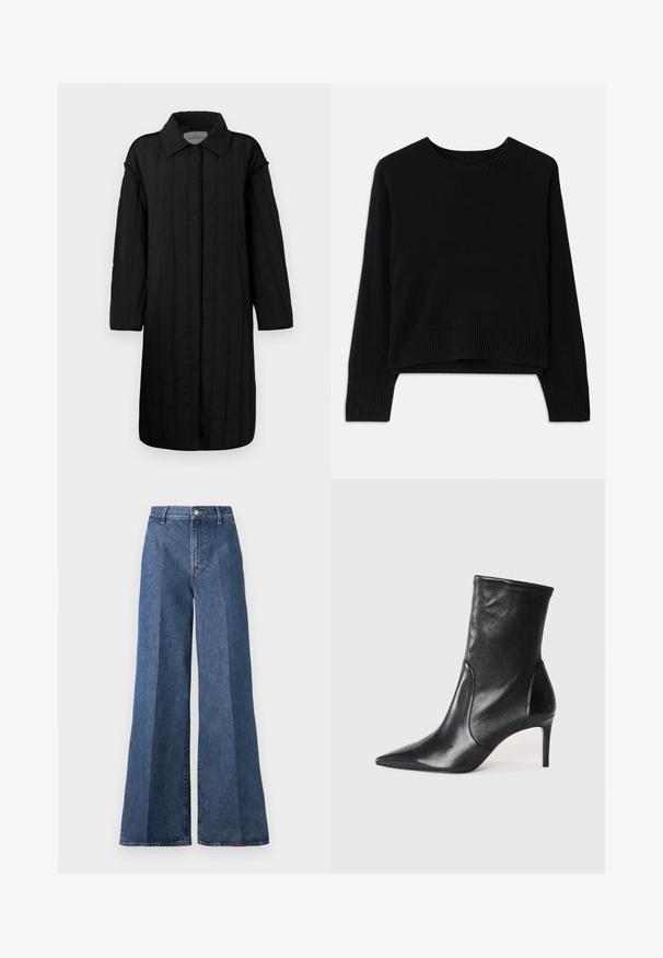 CLOSED QUILTED COAT - Wintermantel - black; Zwarte trui met een ronde halslijn, geribde mouwen en zoom. Heeft een cropped ontwerp en een zachte textuur. Geschikt voor casual wear.; Wijd flonkerige blauwe denim jeans met een hoge taille, voorzien van klassieke vijf-pocketstijl en een knoopsluiting, gemaakt van gestructureerde katoen.; Zwarte enkelboots van soepel leer, met een spitse neus, een aangesloten schacht en een slanke hoge hak. Minimalistisch ontwerp zonder zichtbare hardware.