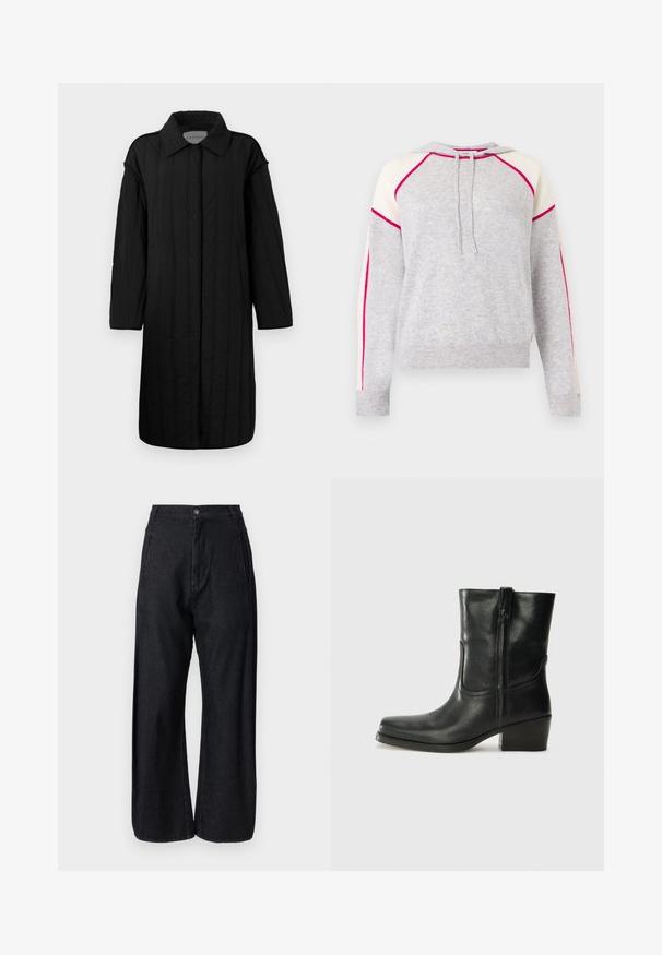 CLOSED QUILTED COAT - Vinterfrakke - black; Lysegrå strikket hættetrøje med cremefarvede skulderpaneler og knaldpink piping langs ærmer og skuldre, med snører ved halsen.; Henrik Vibskov SHADE PANTS - Wide leg - dark denim; Sort læder ankelstøvle med rundt tå, blokhæl, lynlås i siden og stikninger på vampsiden. Glat tekstur, klassisk design.
