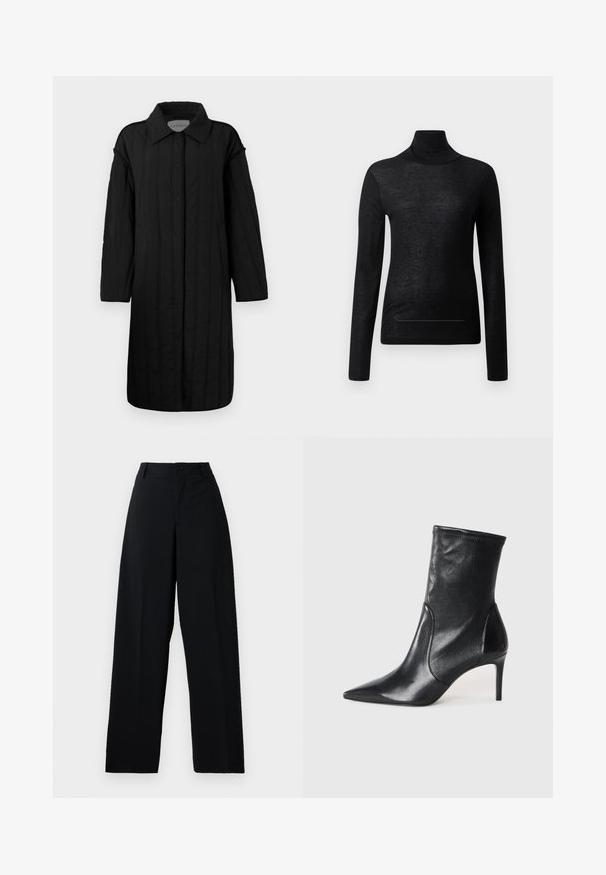 CLOSED QUILTED COAT - Vinterfrakke - black; Sort langærmet turtle neck top lavet af letvægtsstof, med en tætsiddende design og minimale sømdetaljer, velegnet til lagdeling.; Sorte højtaljede vidde bukser med knap- og lynlåslukning, bæltestropper og en ren, glat stoffinish.; Sorte ankelstøvler lavet af glat læder, med spids tå, tætsiddende skaft og en slank høj hæl. Minimalistisk design uden synligt hardware.