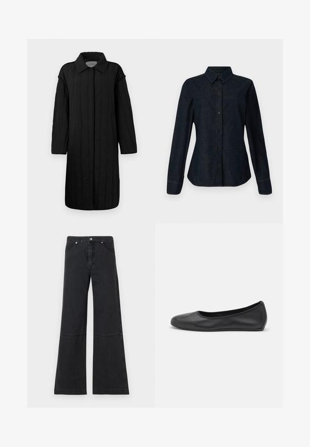 CLOSED QUILTED COAT - Vinterfrakke - black; CLOSED SEAMING SHIRT - Skjortebluser - dark blue; Sorte brede ben jeans lavet af denim, med høj talje, forlommer og en subtil sømdetalje ved knæet. Metal knaplukning.; Sort læderballetsko med rund tå, glat tekstur, minimal syning og et fleksibelt såldesign.