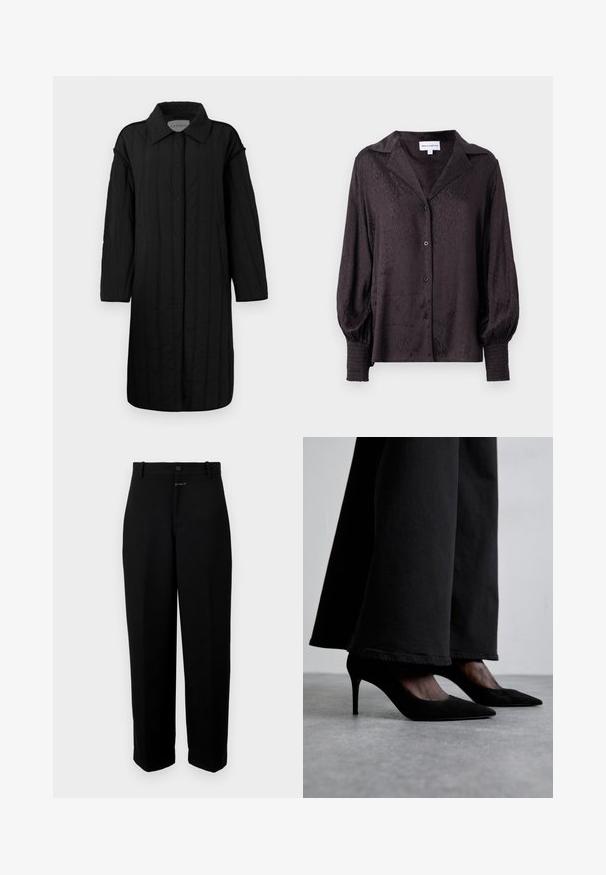 CLOSED QUILTED COAT - Zimný kabát - black; Čierna saténová blúzka s jemnou zvieracou potlačou, s uzatváraním na gombíky a voľným strihom. Má vyp puffované rukávy a gumičkované detaily na manžetách.; Čierne nohavice vyrobené z hladkej tkaniny, s uzáverom na gombík, pútkami na opasok a striedmym strihom nohavíc.; Čierne semišové lodičky na vysokom opätku s špicatými špičkami, nosené s čiernymi širokými nohavicami, sa vyznačujú štíhlym dizajnom a jemným leskom.