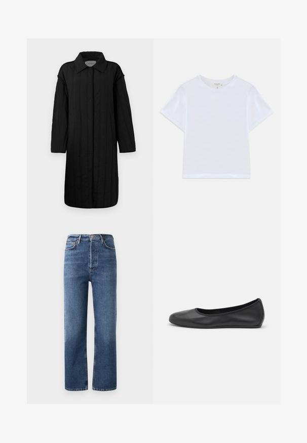 CLOSED QUILTED COAT - Vinterfrakke - black; Hvid cropped t-shirt lavet af blødt bomuld, med rund hals og korte ærmer og en let løs pasform. Ingen mønstre eller accenter.; Høj talje denim jeans i blå, med lige ben, fem lommer og hardware i kobberfarve. Glat tekstur og klassisk design.; Sort læderballetsko med rund tå, glat tekstur, minimal syning og et fleksibelt såldesign.
