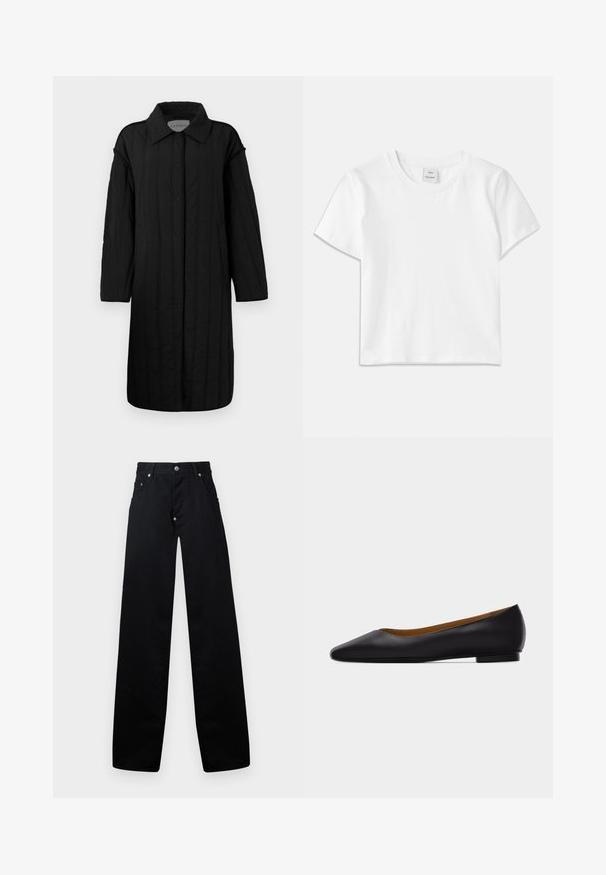 CLOSED QUILTED COAT - Vinterfrakke - black; Hvid bomulds-t-shirt med rund hals, korte ærmer og lige kant. Mærke med teksten "Won Hundred" placeret i midten af halsudskæringen.; Sorte vidde bukser lavet af bomuld, med lynlås i gylpen, to frontlommer og et klassisk fem-lomme design med metalhardware detaljer.; Sort læder flad sko med spids tå, lav hæl og glat finish, vist fra siden på en lysegrå baggrund.