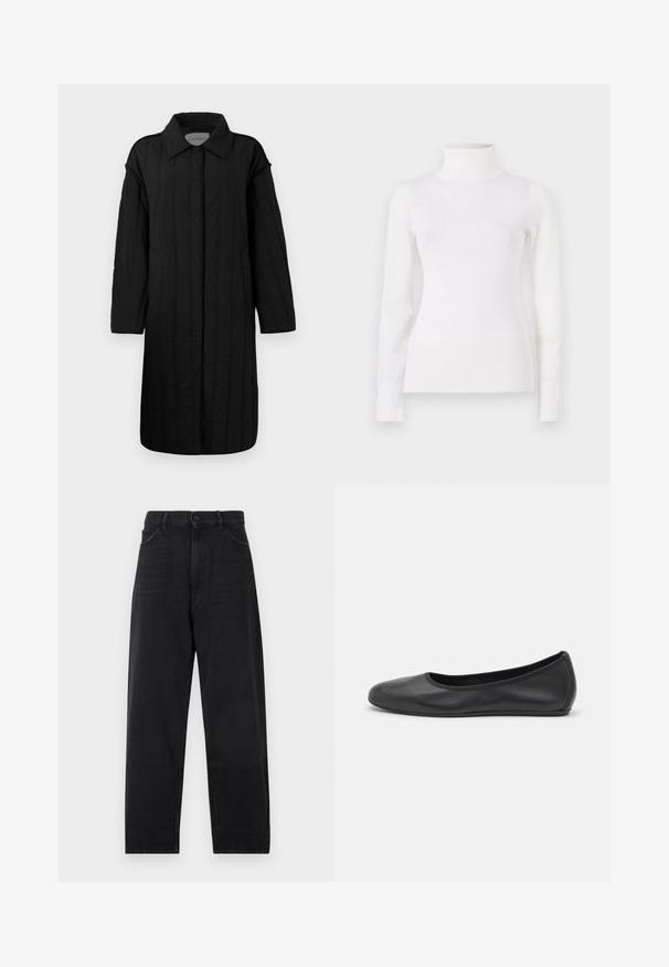 CLOSED QUILTED COAT - Wintermantel - black; Weißer Rollkragenpullover, körperbetontes Design, lange Ärmel, weicher Stoff, glattes Material, minimale Details, gerippte Bündchen und Kragen.; Schwarze Jeans aus Denim mit hoher Taille, geradem Beinausschnitt, Knopfverschluss und klassischem Fünf-Taschen-Design. Glatte Textur mit dezentem Nähen.; Schwarze Leder-Ballettschuhe mit abgerundeter Spitze, glatter Textur, minimalen Nähdetails und einem flexiblen Sohlen-Design.