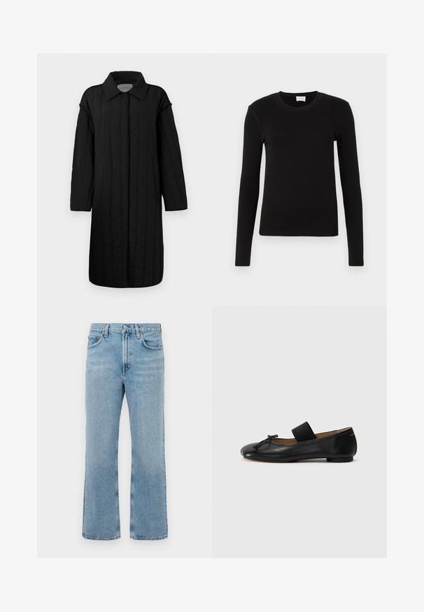 CLOSED QUILTED COAT - Wintermantel - black; Schwarzes langärmeliges T-Shirt aus weichem, glattem Stoff. Mit rundem Halsausschnitt und taillierter Form, ohne sichtbare Muster oder Akzente.; Hellblaue Denim-Jeans mit geradem Bein, hoher Taille, sichtbaren Nähten und einem leichten Verblassungsmuster. Keine Verzierungen oder Metallteile.; Schwarze Ballerinas aus Leder mit einer abgerundeten Spitze, einem kleinen Knotendetail und einem elastischen Riemen über dem Spann für einen sicheren Sitz. Flache Sohle.