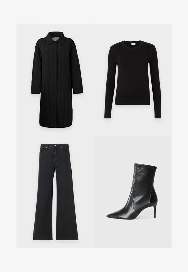 CLOSED QUILTED COAT - Wintermantel - black; Schwarzes langärmeliges T-Shirt aus weichem, glattem Stoff. Mit rundem Halsausschnitt und taillierter Form, ohne sichtbare Muster oder Akzente.; Schwarze Weitbein-Jeans aus Denim mit hoher Taille, vorderen Taschen und einer dezenten Nahtdetails am Knie. Mit Metallknopfverschluss.; Schwarze Stiefeletten aus glattem Leder, mit einer spitzen Zehe, schmalem Schaft und schlanker, hoher Ferse. Minimalistisches Design ohne sichtbare Beschläge.