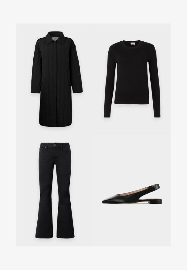 CLOSED QUILTED COAT - Wintermantel - black; Zwarte lange mouwen T-shirt gemaakt van zachte, gladde stof. Heeft een ronde halslijn en een aansluitende vorm, zonder zichtbare patronen of accenten.; Zwarte hoge taille jeans met een sluiting met knoop en rits aan de voorkant, twee zijzakken en uitlopende broekspijpen, plat gelegd op een witte achtergrond.; Zwarte leren slingback platte schoen met spitse neus en lage vierkante hak op een witte achtergrond.