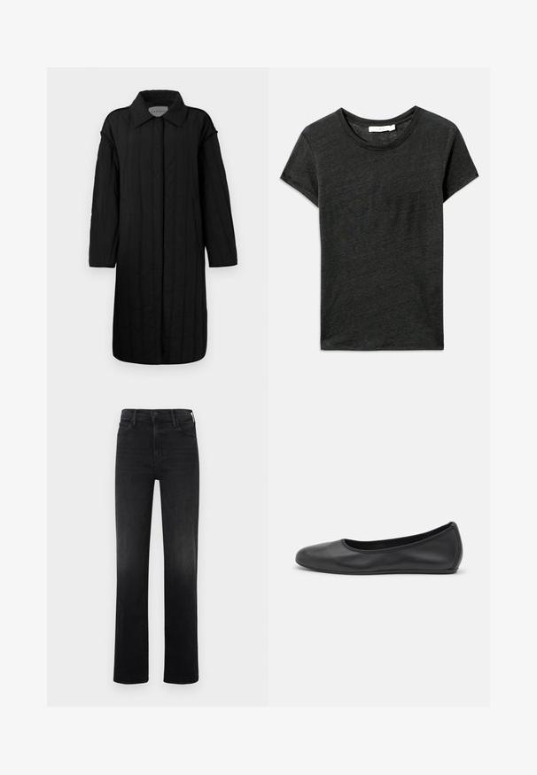 CLOSED QUILTED COAT - Wintermantel - black; Donkergrijze korte mouwen t-shirt, ronde hals, gemaakt van zachte, gestructureerde stof met een casual pasvorm. Geen zichtbare patronen of hardwaredetails.; Zwarte rechtgesneden jeans van denim. Bevat een klassieke vijf-pocket stijl, met een rits en een knoopsluiting. Gladde textuur.; Zwarte leren ballerina met een ronde neus, gladde textuur, minimale stikdetails en een flexibele zoolontwerp.