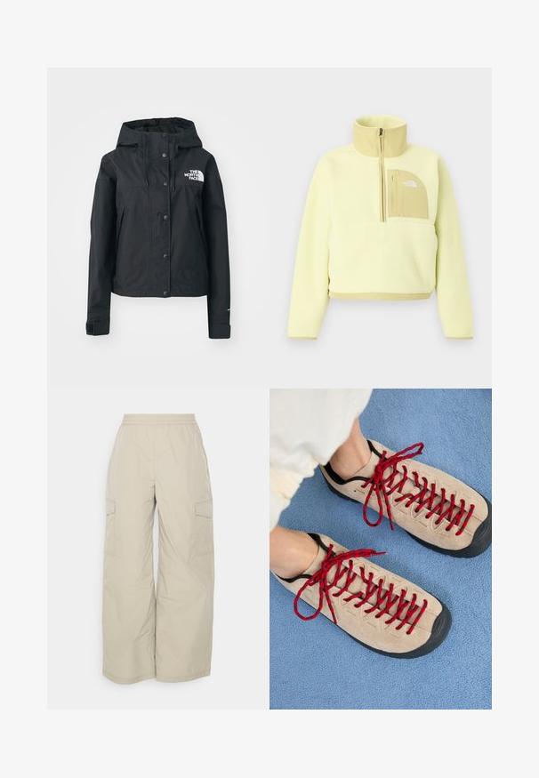 Zwarte waterdichte jas met een afneembare capuchon, drukknoopsluiting en logo op de borst. Bevat zijzakken en heeft een cropped ontwerp.; Lichtgele fleece trui met halve rits, hoge kraag en beige borstzak met het The North Face-logo.; Beige cargobroek van lichtgewicht materiaal, met een elastische tailleband, brede pijpen en zijzakken voor opbergruimte.; Beige schoenen met rode veters, geplaatst op een blauwe, gestructureerde ondergrond, onthullen gedeeltelijk de enkel van een persoon. De schoenen hebben een sportief ontwerp.