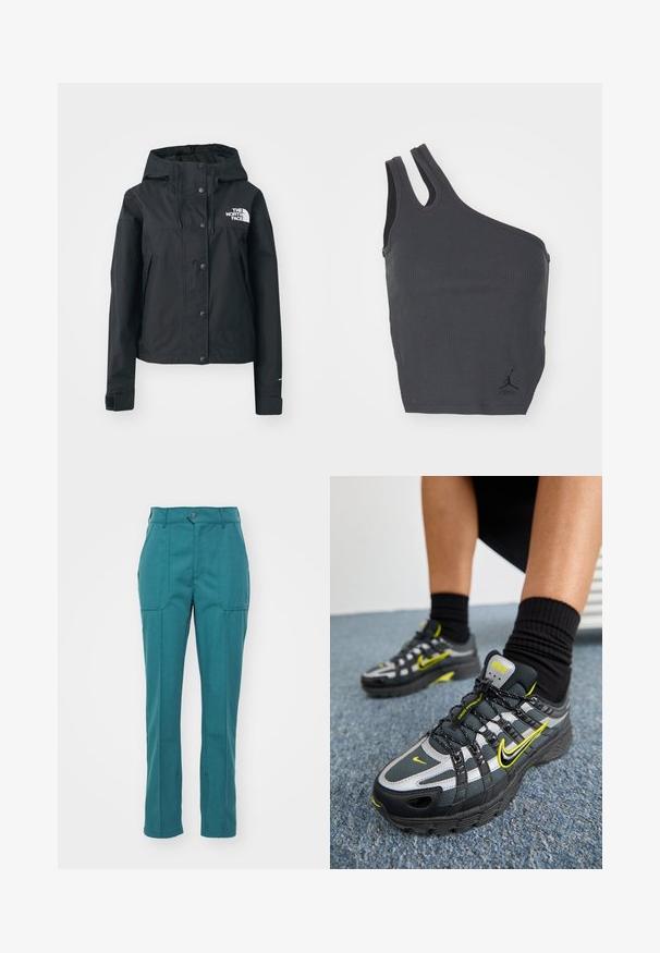 Veste imperméable noire avec capuche amovible, fermeture à boutons-pression et logo sur la poitrine. Comprend des poches latérales et une coupe cropped.; Débardeur noir à côtes avec un design asymétrique unique, présentant une large bretelle d'un côté et une étroite de l'autre, incluant un petit logo au bas.; Pantalon teal en tissu lisse et texturé. Doté d'une fermeture à bouton, de deux poches avant et d'une coupe droite.; Chaussures de sport noires et grises avec des accents argentés réfléchissants, des panneaux en maille texturée et des détails en jaune vif. Design à lacets avec une semelle structurée.