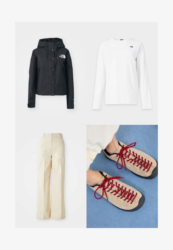 Veste imperméable noire avec capuche amovible, fermeture à boutons-pression et logo sur la poitrine. Comprend des poches latérales et une coupe cropped.; T-shirt blanc à manches longues avec col rond et petit logo noir The North Face sur le côté gauche de la poitrine.; Pantalons large en beige avec une taille haute, dotés d'un tissu lisse et de plis avant soigneusement repassés, sur un fond blanc uni.; Des chaussures beiges avec des lacets rouges, posées sur une surface bleue texturée, révèlent partiellement la cheville d'une personne. Les chaussures ont un design sportif.