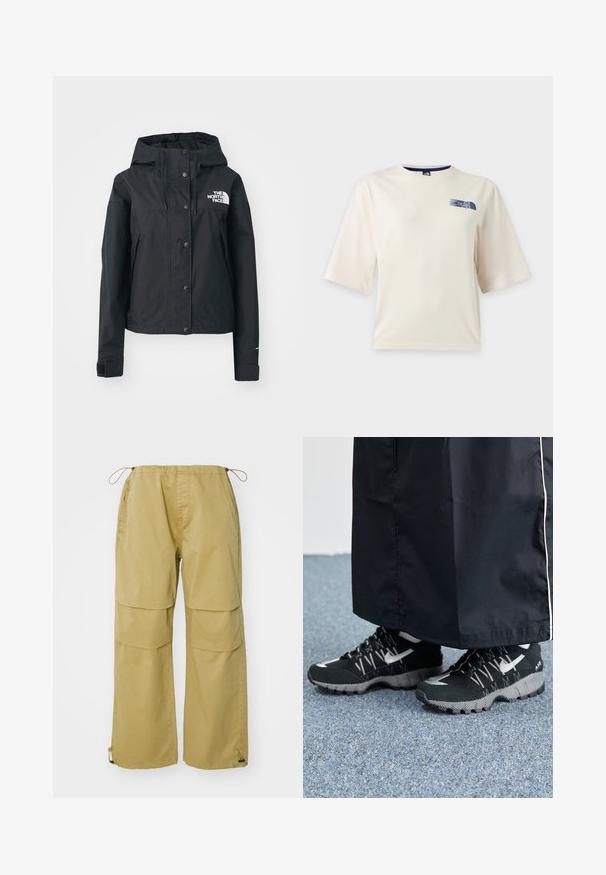 Zwarte waterdichte jas met een afneembare capuchon, drukknoopsluiting en logo op de borst. Bevat zijzakken en heeft een cropped ontwerp.; Wit T-shirt met korte mouwen met een klein blauw The North Face-logo op de bovenste linkerborst.; Khaaki cargobroek met wijde pijpen, een elastische tailleband, voorzakken en verstelbare koord cuffs. Gemaakt van lichtgewicht stof.; Zwarte atletische schoenen met een gestructureerde bovenkant, zilveren accenten en een gestippelde loopzool, gecombineerd met een zwart lang kledingstuk. Geplaatst op een blauwe vloerbedekking.