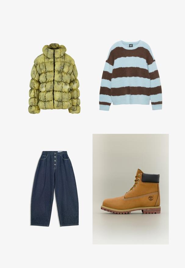 Pudret jakke i afdæmpet grøn med en quiltet design, høj krave, frontlynlås og et lille logo-patch. Materialerne ser bløde og teksturerede ud.; Blå og brun stribet cropped sweater i blødt materiale med rund halsudskæring. Blød tekstur med markante vandrette striber.; Mørkeblå denim bukser med brede ben og høj talje, fem knaplukninger og fem lommer. Har stikninger som accent på sømmene.; Brun læderankelstøvle med sort krave, gule snørebånd og tanfarvet sål. Har logo og hvide syninger som detalje. Robust ydersål med greb.