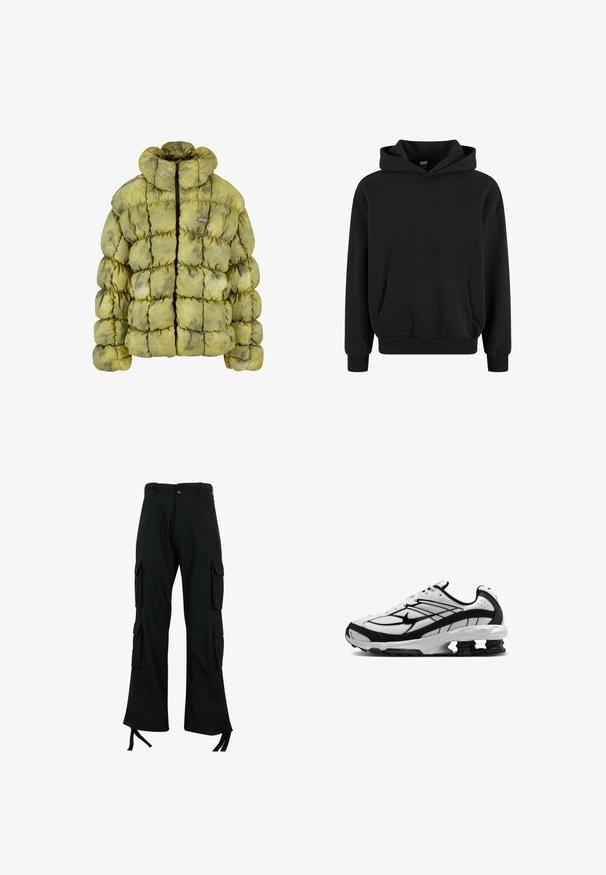 Gepolsterte Jacke in gedämpftem Grün mit gestepptem Design, hohem Kragen, Frontreißverschluss und einem kleinen Logopatch. Die Materialien wirken weich und strukturiert.; Schwarzer Hoodie mit Kängurutasche, weiten Ärmeln und gerippten Bündchen sowie Saum. Hergestellt aus weichem Stoff mit glatter Textur.; Schwarze Cargo-Hosen aus strapazierfähigem Stoff verfügen über mehrere Seitentaschen, ein gerades Bein-Design und Bindebänder am Saum für eine verstellbare Passform.; Weißer und schwarzer Sportschuh mit Mesh-Obermaterial, Nike-Logo und zweifacher federartiger Dämpfung im Fersenbereich der Sohle.