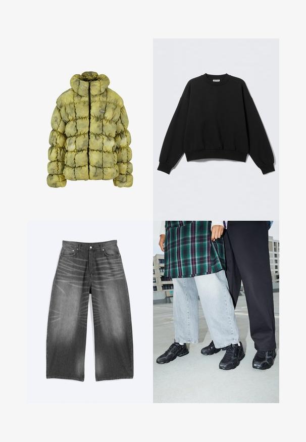 Veste matelassée en vert discret avec un design matelassé, col montant, fermeture éclair à l'avant et un petit écusson. Les matériaux semblent doux et texturés.; Sweat-shirt noir à coupe décontractée, col rond et manches longues légèrement bouffantes. Confectionné dans un tissu doux avec des poignets et un ourlet côtelés.; Jean en denim noir délavé à jambes larges avec poches avant et fermeture à boutons, présenté à plat sur fond clair.; Baskets de sport noires avec des accents en mesh et en caoutchouc. Portées avec un jean large gris clair et un haut à carreaux vert. Fond à surface plane.