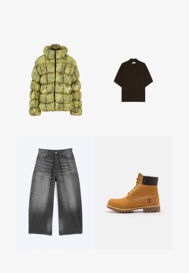 Veste matelassée en vert discret avec un design matelassé, col montant, fermeture éclair à l'avant et un petit écusson. Les matériaux semblent doux et texturés.; Chemise à manches courtes marron foncé avec boutons, col et poche poitrine, posée à plat sur un fond blanc.; Jean en denim noir délavé à jambes larges avec poches avant et fermeture à boutons, présenté à plat sur fond clair.; Bottine en cuir brun avec œillets en métal, doublure en fourrure blanche, col rembourré noir, semelle robuste et logo en relief sur le côté.