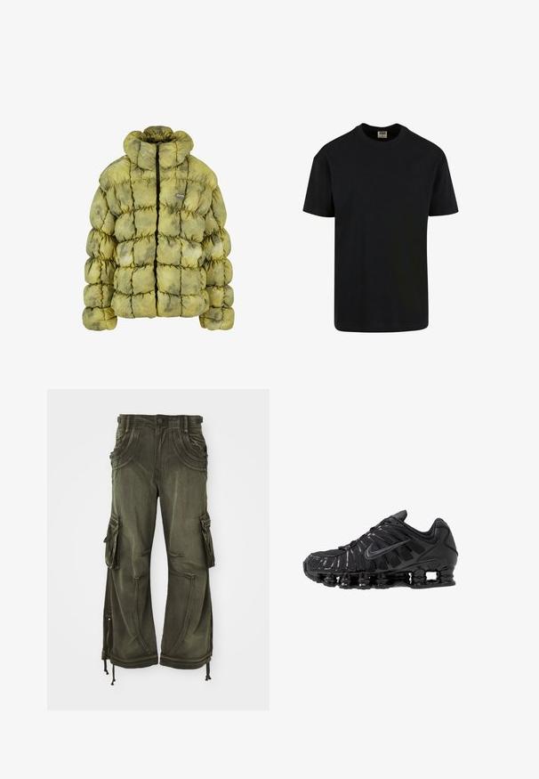 Gepolsterte Jacke in gedämpftem Grün mit gestepptem Design, hohem Kragen, Frontreißverschluss und einem kleinen Logopatch. Die Materialien wirken weich und strukturiert.; Urban Classics SHORTSLEEVE - T-Shirt basic - black; Olivgrüne Cargo-Hose aus Baumwolle mit lockerem Schnitt, seitlichen Taschen, Reißverschlüssen an den Knöcheln und Kordelzügen am Saum.; Schwarze Sportschuhe aus Mesh- und synthetischen Materialien mit einem markanten wellenförmigen Design, schwarzer Gummisohle und reflektierenden Akzenten.