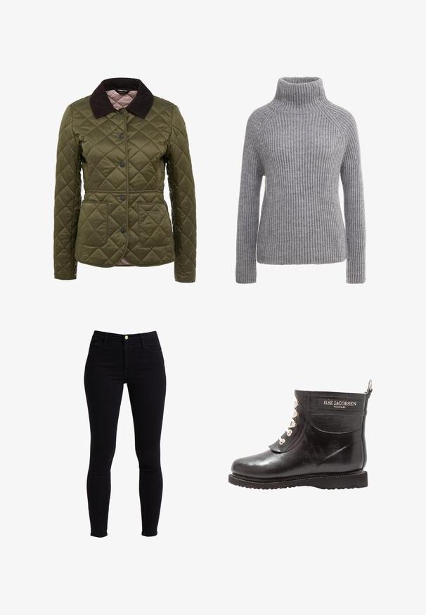 Veste matelassée vert olive avec un col en velours côtelé, des boutons-pression et deux poches avant. Marquage subtil sur la partie inférieure de la poche.; Pull en maille grise avec un col roulé haut, texture côtelée et manches longues. Présente des coutures raglan et une silhouette ajustée.; Jean skinny noir taille haute en denim, avec une fermeture à bouton sur le devant, cinq poches et des coutures minimales.; Botte de cheville imperméable noire avec finition brillante, lacets blancs et bout rond. Présente un détail de logo sur le côté et des accents texturés.