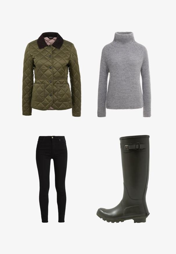 Veste matelassée vert olive avec un col en velours côtelé, des boutons-pression et deux poches avant. Marquage subtil sur la partie inférieure de la poche.; Pull en maille grise avec un col roulé haut, texture côtelée et manches longues. Présente des coutures raglan et une silhouette ajustée.; Jean skinny noir en tissu extensible en coton mélangé. Présente une fermeture à bouton à l'avant et des passants de ceinture pour un ajustement réglable.; Bottes en caoutchouc hautes, vertes foncées, avec une surface texturée, un bout arrondi, une sangle ajustable et des détails de boucles sur le côté, et une semelle crantée.