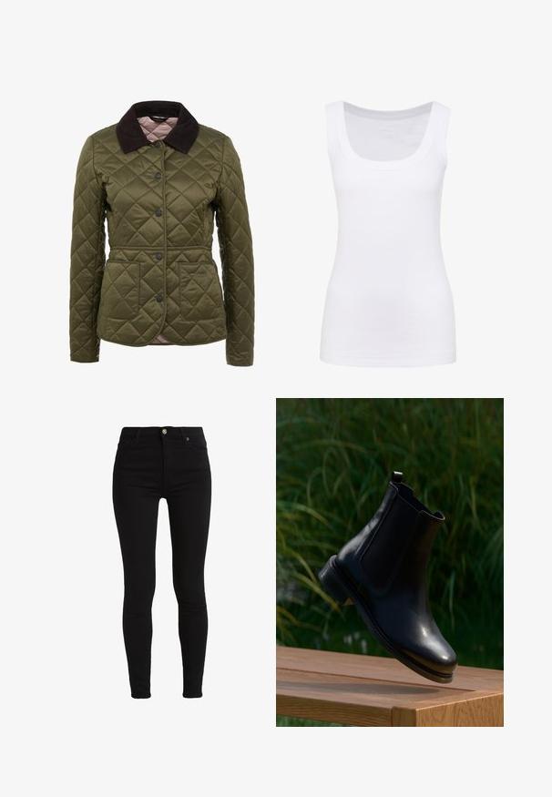 Veste matelassée vert olive avec un col en velours côtelé, des boutons-pression et deux poches avant. Marquage subtil sur la partie inférieure de la poche.; Débardeur sans manches blanc en tissu lisse, doté d'un col rond et d'une silhouette ajustée. Pas de motifs ou d'accents visibles.; Jean skinny noir en tissu extensible en coton mélangé. Présente une fermeture à bouton à l'avant et des passants de ceinture pour un ajustement réglable.; Botte Chelsea en cuir noir flottant au-dessus d’un banc en bois avec de l’herbe verte floutée en arrière-plan.
