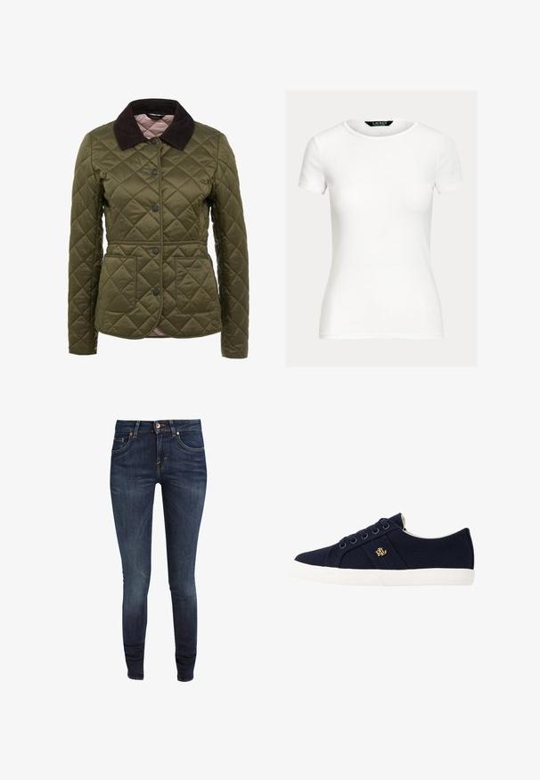 Veste matelassée vert olive avec un col en velours côtelé, des boutons-pression et deux poches avant. Marquage subtil sur la partie inférieure de la poche.; T-shirt blanc uni ajusté à manches courtes avec col rond et étiquette Lauren Ralph Lauren à l'intérieur du col.; Jeans slim en denim bleu foncé avec une texture lisse, dotés de cinq poches et de détails en métal cuivré. Style classique avec une silhouette ajustée.; Lauren Ralph Lauren JANSON II CANVAS SNEAKER - Baskets basses - navy