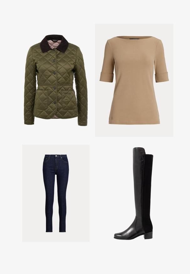 Veste matelassée vert olive avec un col en velours côtelé, des boutons-pression et deux poches avant. Marquage subtil sur la partie inférieure de la poche.; Haut beige à manches courtes avec des poignets repliés et un large col rond, présenté sur un fond clair uni.; Jean skinny en denim foncé à taille haute, avec poches avant, fermeture à bouton et des détails de couture subtils.; Stuart Weitzman RESERVE - Cuissardes - black