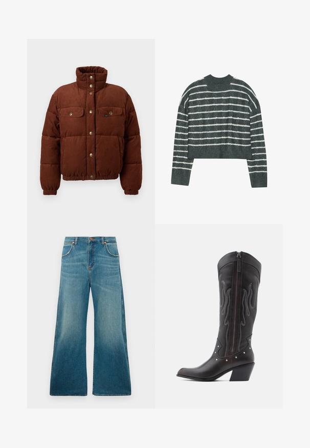 Chaqueta de algodón de corduroy marrón, tipo puffer, con cuello alto, botones a presión, dos bolsillos en el pecho y puños elásticos para un ajuste ceñido.; Even&Odd by Zalando Jersey de punto - light green/white; Jeans de mezclilla azul de tiro alto con perneras anchas, bolsillos frontales, cierre de botón y un degradado de color desgastado que va desde la cintura hasta el dobladillo.; Botas de cowboy de cuero marrón con costuras en forma de llama, cremallera lateral, tachuelas plateadas, punta puntiaguda y tacón apilado.