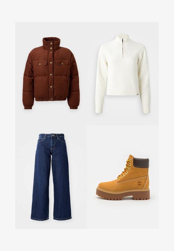 Chaqueta de algodón de corduroy marrón, tipo puffer, con cuello alto, botones a presión, dos bolsillos en el pecho y puños elásticos para un ajuste ceñido.; Suéter blanco con cuello de cremallera y mangas largas. Fabricado en un material de punto suave, con puños y dobladillo acanalados. Logo de la marca sutil en el dobladillo.; Jeans de pierna ancha azul oscuro, confeccionados en denim, con cierre de botón y cremallera, trabillas para cinturón y diseño clásico de cinco bolsillos.; Botín impermeable color marrón claro con una suela de goma robusta, punta redonda, cuello de cuero marrón, cordones amarillos y un logo en el lateral.