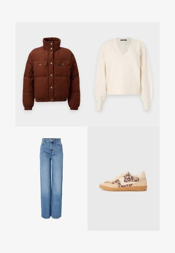Braune Cord-Pufferjacke mit hohem Kragen, Druckknöpfen, zwei Brusttaschen und elastischen Bündchen für eine enge Passform.; Vero Moda Knitted VMBOOM Knitted - Strickpullover - birch melange; Hoch taillierte, gerade geschnittene blaue Jeans aus Denim mit vorderer Knopf- und Reißverschluss, Gürtelschlaufen sowie Vorder- und Gesäßtaschen.; Löwenmuster-Sneaker mit beige Wildleder-Obermaterial, tanfarbener Gummisohle und weißen Akzenten. Runde Zehenform und Schnürdesign mit strukturiertem Finish.