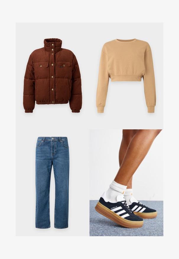 Chaqueta de algodón de corduroy marrón, tipo puffer, con cuello alto, botones a presión, dos bolsillos en el pecho y puños elásticos para un ajuste ceñido.; Sudadera recortada en marrón claro, fabricada con tejido suave. Presenta mangas largas, un cuello redondeado y un sutil elástico en los puños y el dobladillo.; Jeans de mezclilla azul con corte recto y talle alto. Incluye bolsillos delanteros, cierre de botón y detalles de costura sutiles.; Piernas con calcetines blancos y zapatillas Adidas Gazelle negras con rayas blancas y suelas marrones gruesas sobre un suelo alfombrado gris.