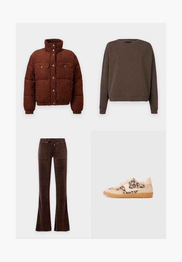 Braune Cord-Pufferjacke mit hohem Kragen, Druckknöpfen, zwei Brusttaschen und elastischen Bündchen für eine enge Passform.; Brauner Pullover mit Rundhalsausschnitt, langen Ärmeln und ribbed Bündchen. Aus weichem Stoff mit glatter Textur und lockerer Passform gefertigt.; Dunkelbraune Velourhose mit Kordelzugbund, zwei aufgesetzten Fronttaschen und leicht ausgestellten Beinen vor einfarbigem Hintergrund.; Löwenmuster-Sneaker mit beige Wildleder-Obermaterial, tanfarbener Gummisohle und weißen Akzenten. Runde Zehenform und Schnürdesign mit strukturiertem Finish.