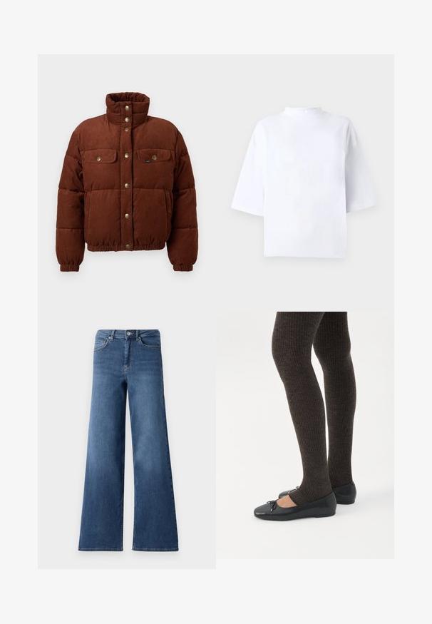 Chaqueta de algodón de corduroy marrón, tipo puffer, con cuello alto, botones a presión, dos bolsillos en el pecho y puños elásticos para un ajuste ceñido.; Top blanco de algodón de manga corta con escote alto y redondeado y ajuste holgado. Textura suave, sin patrones ni detalles visibles.; Pantalones vaqueros de denim azul de pierna ancha con una cinturilla estándar, bolsillos delanteros y una textura suave. Sin patrones visibles ni adornos.; Piernas con leggings oscuros acanalados combinados con bailarinas negras que presentan pequeños detalles de lazo sobre un fondo blanco.