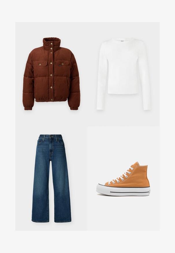 Chaqueta de algodón de corduroy marrón, tipo puffer, con cuello alto, botones a presión, dos bolsillos en el pecho y puños elásticos para un ajuste ceñido.; Camisa de manga larga y cuello redondo en tejido blanco sólido. Presenta una silueta ajustada con una textura suave y un sutil logo de la marca en el cuello.; Vaqueros azules de mezclilla de tiro alto y pierna ancha con cierre de botón y cremallera frontal, trabillas para cinturón y bolsillos delanteros sobre un fondo liso.; Zapatillas altas de lona naranja con ojales y cordones blancos, que cuentan con una suela de goma texturizada y una franja de acento negra.