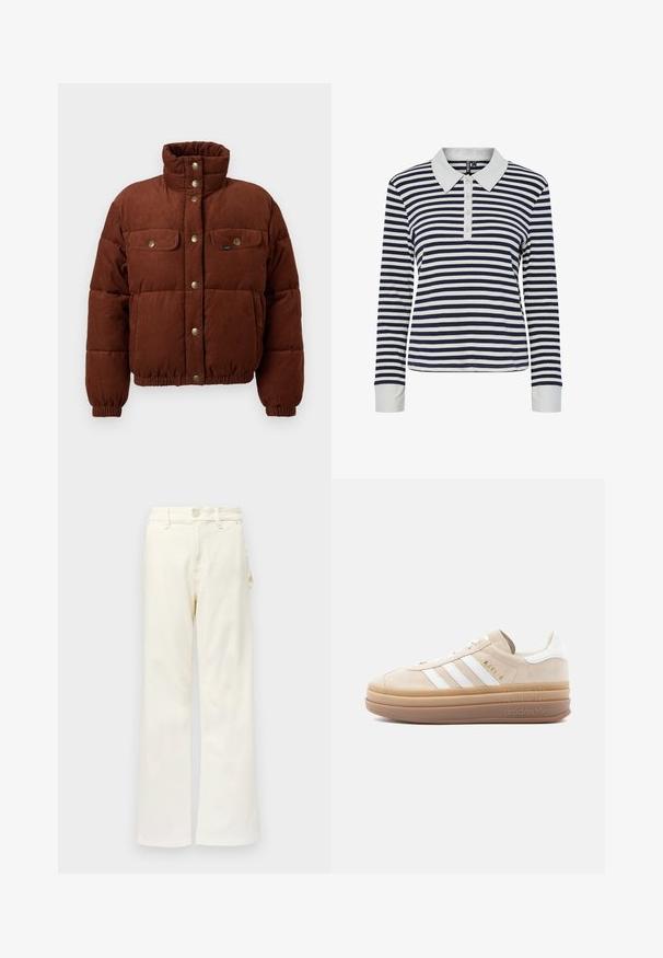 Chaqueta de algodón de corduroy marrón, tipo puffer, con cuello alto, botones a presión, dos bolsillos en el pecho y puños elásticos para un ajuste ceñido.; Polo de manga larga a rayas en azul marino y blanco, con un color blanco contrastante, tapeta de botones y textura acanalada.; Good American GOOD 90S CARPENTER - Pernera ancha - white denim; Zapatilla de ante beige con detalles en cuero blanco, que cuenta con tres franjas blancas, un logo dorado y una suela gruesa de goma translúcida.