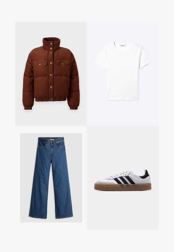 Bruine corduroy pufferjack met een hoge kraag, drukknoopsluiting, twee borstzakken en elastische boorden voor een snug fit.; Effen wit T-shirt met korte mouwen en ronde hals met een klein "WEEKDAY" label aan de binnenkant van de hals, plat neergelegd op een lichte achtergrond.; Wijde blauwe denim jeans met een hoge taille, voorzien van een klassiek vijf-pocket ontwerp en een gestructureerde tailleband.; Witte leren sneakers met zwarte strepen, gumrubberen buitenzool, ronde neus, vetersluiting en een zachte grijze suède neuskap.