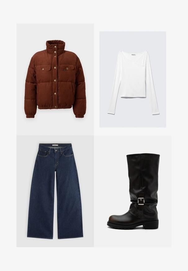 Chaqueta de algodón de corduroy marrón, tipo puffer, con cuello alto, botones a presión, dos bolsillos en el pecho y puños elásticos para un ajuste ceñido.; Top blanco de manga larga con diseño cruzado y un bolsillo. Fabricado en una tela suave y elástica. Con un corte casual y relajado.; Vaqueros azul oscuro de corte ancho con bolsillos delanteros, trabillas para cinturón y cierre de botón, mostrados extendidos sobre un fondo claro.; Bota alta de piel negra con punta redondeada, tacón bajo, correa con hebilla lateral y caña ligeramente caída sobre fondo blanco.