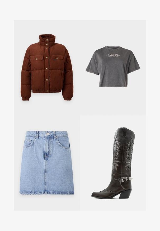 Brun kordfløjl pufferjakke med høj krave, trykknapper, to brystlommer og elastiske manchetter for en tæt pasform.; Even&Odd T-shirts print - black; Lyseblå denimskirt med fem lomme-design, frontknap og lynlåslukning samt rå kant. Glat tekstur med let falmning.; Sort læder cowboystøvle med dekorative udskæringer, sølvspænde og skrå hæl, vist på hvid baggrund.