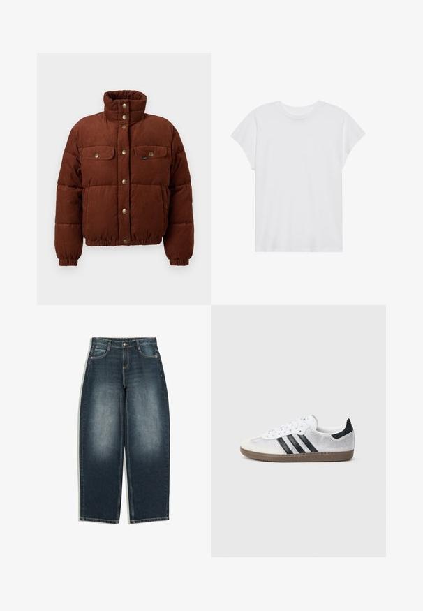 Bruine corduroy pufferjack met een hoge kraag, drukknoopsluiting, twee borstzakken en elastische boorden voor een snug fit.; Witte t-shirt met korte mouwen, ronde hals, relaxte pasvorm, gemaakt van zacht katoen. Glad textuur, geen patronen of logo's.; Donkerblauwe jeans met wijde pijpen en lichte vervaging op de voorkant van de dijen, vijf zakken, knoopsluiting en riemlussen, plat gelegd op een witte achtergrond.; Witte mesh sneaker met zwarte strepen, beige suède neuskapje en hielaccent, gestructureerde rubberen zool en witte veters. Klassiek ontwerp met lage schacht.