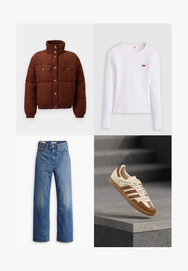 Braune Cord-Pufferjacke mit hohem Kragen, Druckknöpfen, zwei Brusttaschen und elastischen Bündchen für eine enge Passform.; Weißes Levi's Langarmshirt mit Rundhalsausschnitt und kleinem rotem Levi's Logo auf der linken Brust, dargestellt vor einfarbigem Hintergrund.; Hellblaue Jeans aus Denim mit hoher Taille, weitem Bein, klassischem Fünf-Taschen-Design und subtilen Verwaschungen im Stoff.; Klassischer Sneaker mit cremefarbenem Lederobermaterial, braunen Akzenten, drei Streifen und einer strukturierten Gummisohle. Verfügt über eine abgerundete Spitze und eine Schnürverschluss.