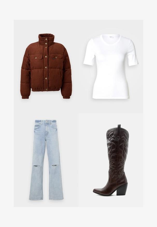 Chaqueta de algodón de corduroy marrón, tipo puffer, con cuello alto, botones a presión, dos bolsillos en el pecho y puños elásticos para un ajuste ceñido.; Camiseta blanca de manga corta hecha de algodón liso, con escote redondo y forma ajustada. Diseño clásico, sin estampados ni adornos.; Jeans de pierna ancha en azul claro con cortes deshilachados en las rodillas, cintura alta y un diseño clásico de cinco bolsillos. Fabricados en una tela vaquera de textura suave.; Bota vaquera alta de cuero marrón oscuro con patrones decorativos cosidos, punta puntiaguda y tacón de bloque apilado.