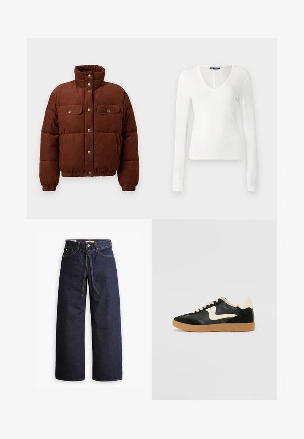 Chaqueta de algodón de corduroy marrón, tipo puffer, con cuello alto, botones a presión, dos bolsillos en el pecho y puños elásticos para un ajuste ceñido.; Top de manga larga blanco, hecho de tela de canalé, con escote en pico profundo y un diseño ajustado, con bordes sin costura y una textura suave.; Jeans de mezclilla oscuros de pierna ancha con cintura alta, que cuentan con un lazo ajustable, cinco bolsillos y detalles de costura en contraste.; Zapatillas de deporte de ante y cuero negro con un swoosh lateral en crema y un talón en crema claro. Presenta cordones beige y una suela de goma marrón.