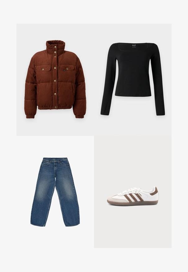 Chaqueta de algodón de corduroy marrón, tipo puffer, con cuello alto, botones a presión, dos bolsillos en el pecho y puños elásticos para un ajuste ceñido.; Top de manga larga negro con escote cuadrado, hecho de un tejido suave, con un diseño ajustado y un dobladillo recto. Etiqueta visible en el interior del escote.; Vaqueros de pierna ancha en azul medio, con un lavado desgastado, diseño clásico de cinco bolsillos y costuras resistentes en los dobladillos.; Zapatilla blanca Adidas Samba con franjas de ante marrón, suela de goma marrón y puntera de ante beige, vista desde el lado exterior sobre un fondo liso.